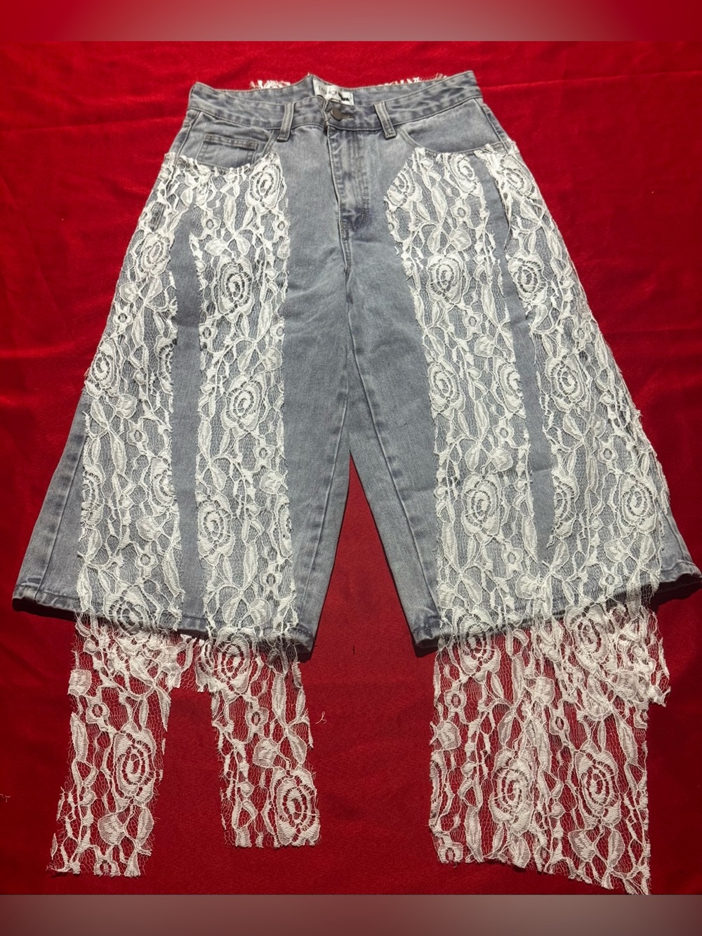 Fashion Nova Gray Denim Wide-Leg Jeans with White Lace Panels & Fringe